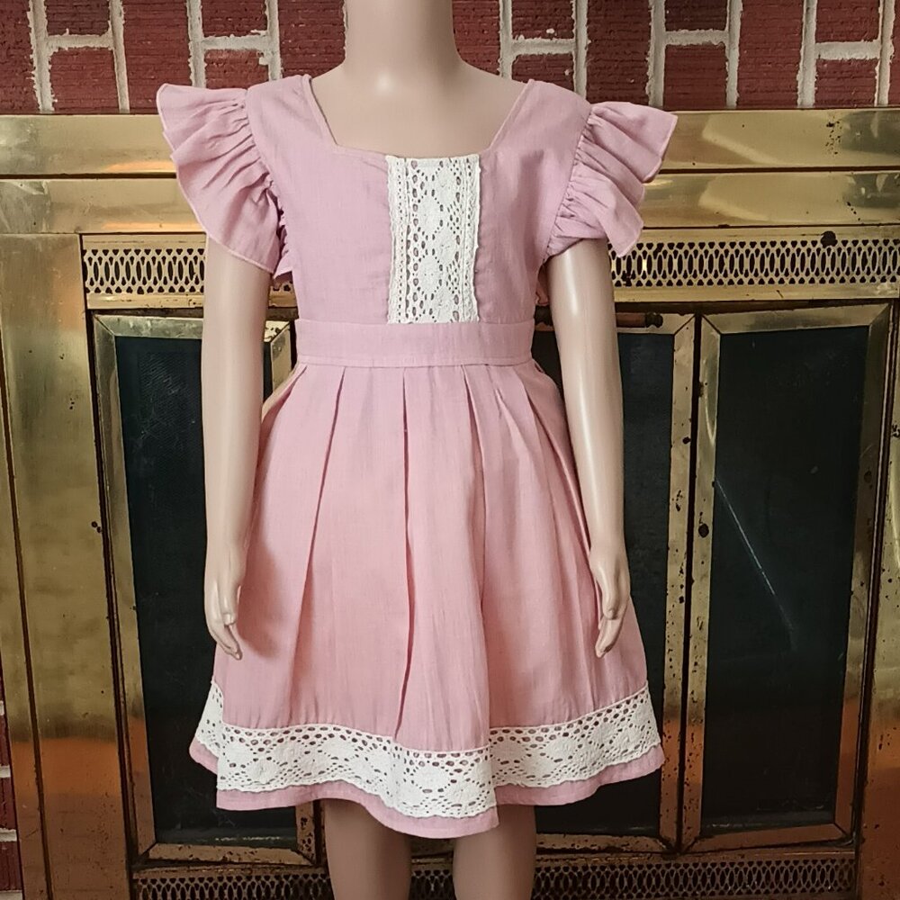 Girls Dusty Pink Pinafore Dress 5-6T Pleated Flare Lace Trim Flutter Sleeves - Picture 3 of 8